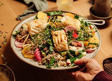 Norwegian cod with barley rice salad, beets and orange