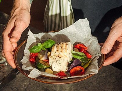 Norwegian cod with oven-baked vegetables