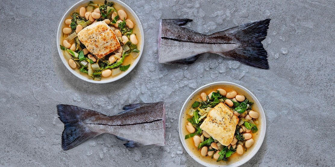 Pan-fried Norwegan Haddock with giant beans and chard
