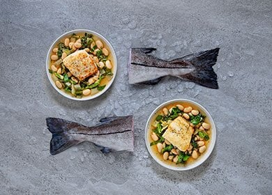 Pan-fried Norwegan Haddock with giant beans and chard