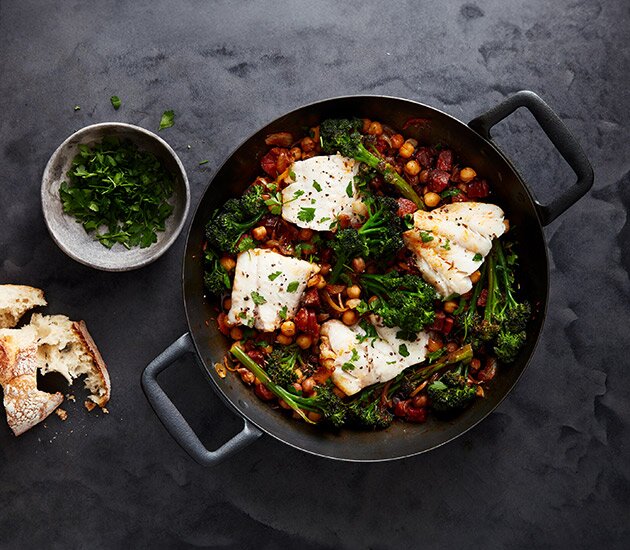 Spanish style Norwegian haddock and chorizo and chickpea one pan supper