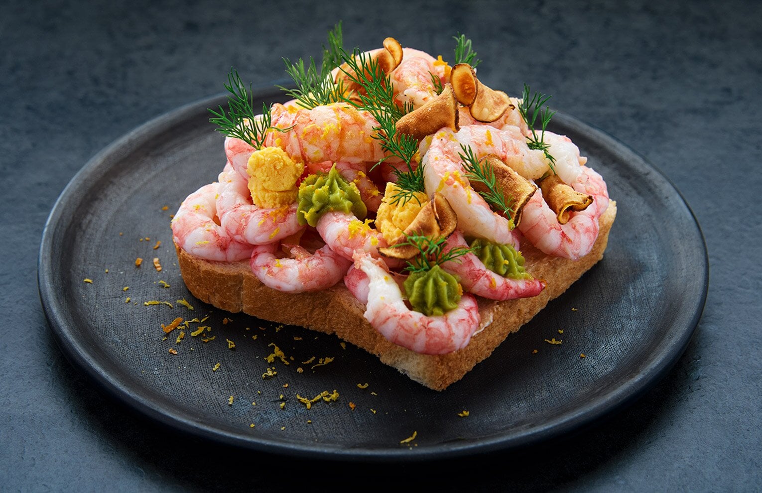 Norwegian prawns and langoustine on white bread