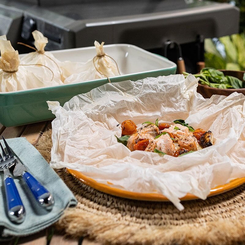 Papillote of Norwegian salmon and confit tomatoes