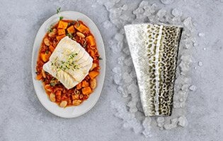 Skrei sautéed with beans, sweet potato and thyme